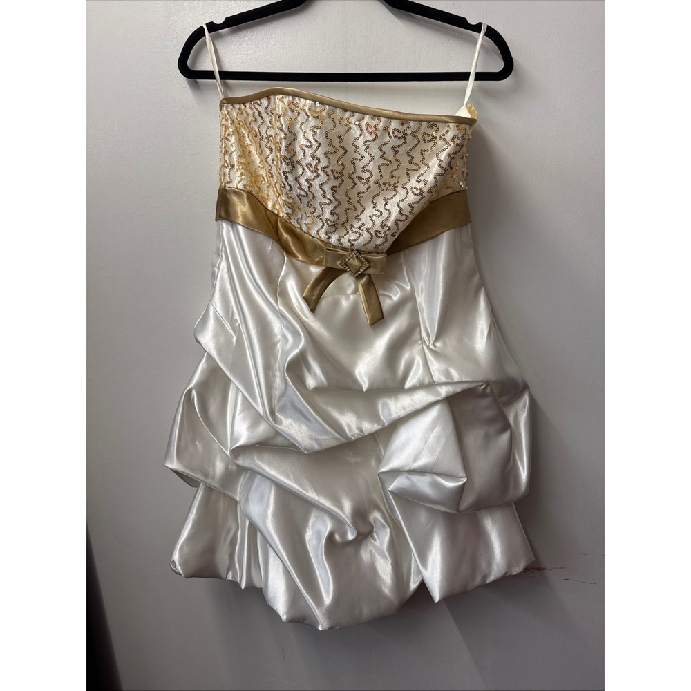 Jessica McClintock GS White Gold Sequin Bubble Hem Strapless Dress 11 Y2K Prom